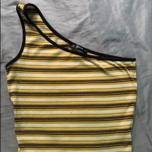 Yellow/Black/White Striped One-Shoulder Crop Top
